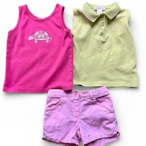 Janie And Jack Girls 3-piece Outfit Turtles Pink Shorts, Sleeveless T, Polo 3T